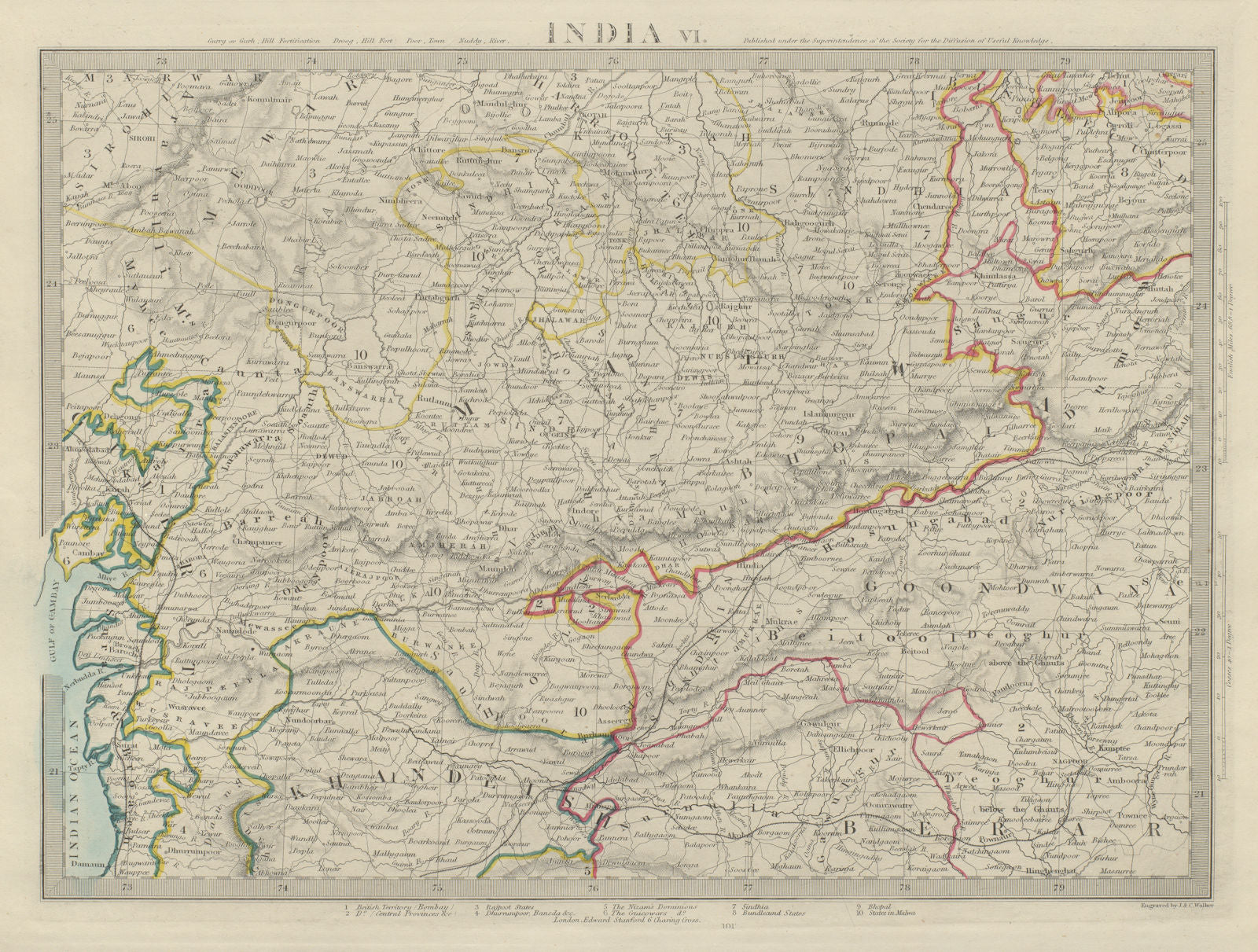 INDIA Madhya Pradesh Gujarat Malwa Khandeish Goondwana Bhopal SDUK 1874 map